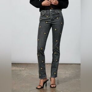 Zara Slim Full Length Black Floral High Rise Jeans